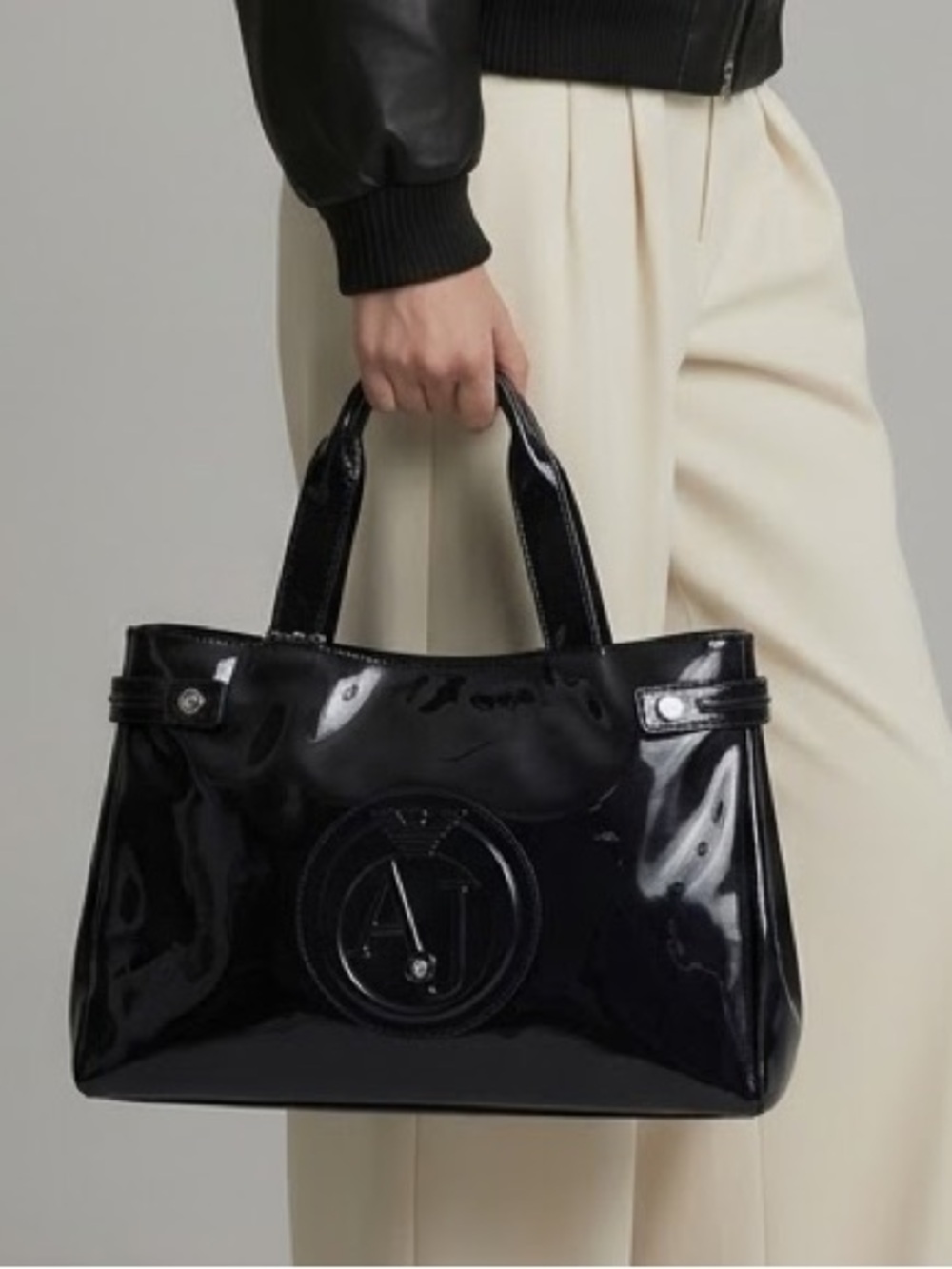 Armani Jeans PVC Black Handbag Embossed Logo Dual Handle
